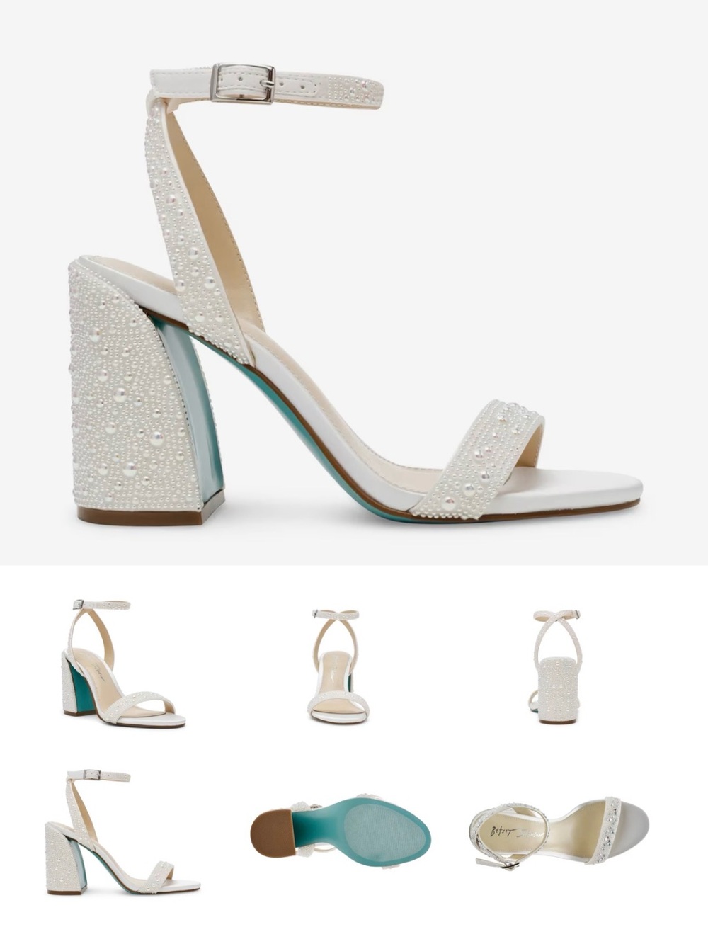 Betsey Johnson White Pearl-Embellished Ankle-Strap Block Heels